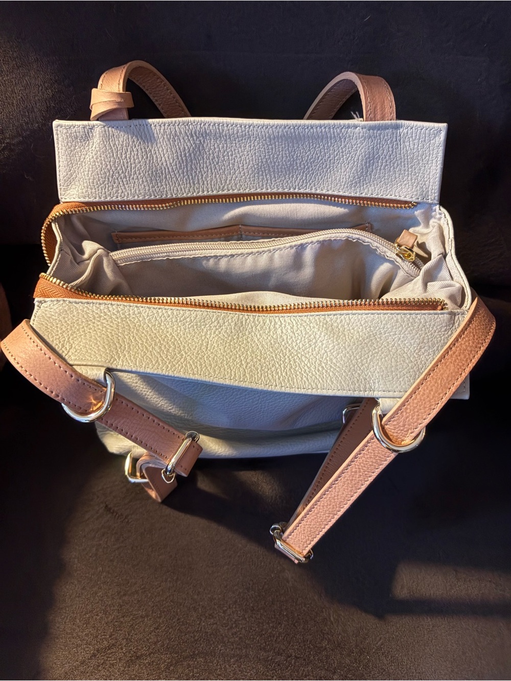 White and Tan Leather Tote Bag with Accent Trim - Picture 4 of 7